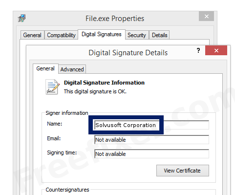 Screenshot of the Solvusoft Corporation certificate